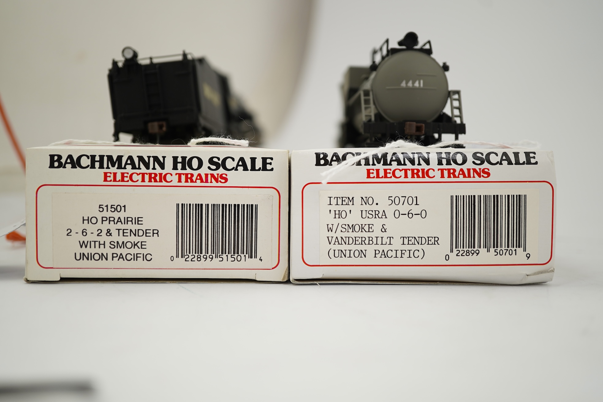 Three boxed HO gauge Bachmann Union Pacific locomotives; (51705) model of ALCO, 41, 2-6-0 locomotive with bogie tender, together with (51501) model of Prairie, 1836, 2-6-2 locomotive with bogie tender, and (50701) model